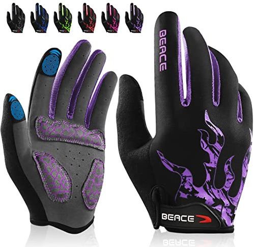 BEACE Gloves for Cycling Bike Biking with Touch Screen-Full Finger Mountain Bike Workout Road Gloves with Anti-Slip Silicone Palm for Men Women (Purple, M)
