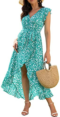 GRECERELLE Womens Summer Maxi Dress Boho Floral Cocktail Polka Dot Wrap Dresses V Neck Casual Party Bohemian Flowy Long Dress for Ladies (Fp Cherryblossom-Green, L)