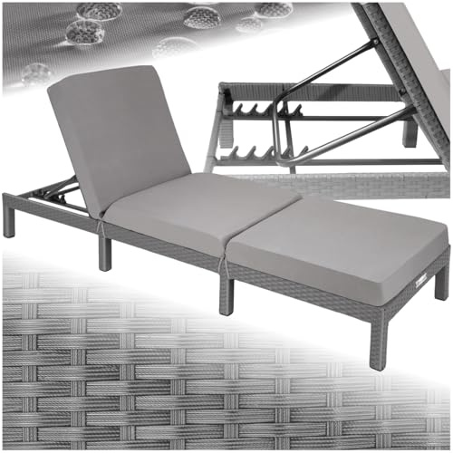 tectake® Luxury Rattan Garden Sun Lounger with 6 Adjustable Backrest Positions, Comfortable Padding and Stylish Design, Stable Steel Frame, Easy-Care, for Garden, Patio, Pool - grey