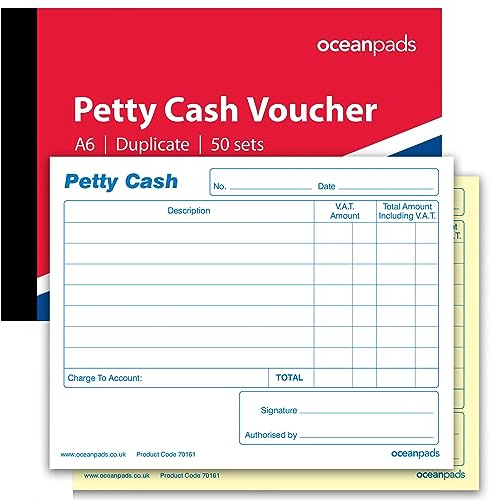 Petty Cash Voucher Book A6, Duplicate NCR Carbonless Petty Cash Book, 50 Sets, 2-Part White & Yellow, Ocean Pads (70161)