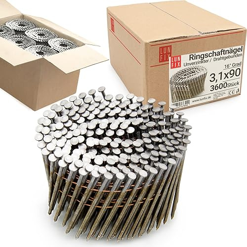 LUN FIX Clavos en espiral 16° 3,0 x 90 mm, 3600 uds., vástago anillado | Acero sin galvanizar, unidos con alambre, para clavadoras neumáticas y pistolas de clavos