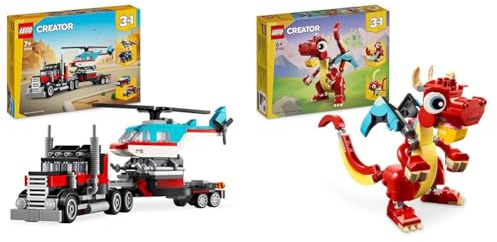 LEGO Creator 3in1 Flatbed Truck with Helicopter Toy to Propeller Plane and Fuel Lorry to Hot Rod & Creator 3in1 Red Dragon Toy to Fish Figure to Phoenix Bird Model, Animal Figures Set