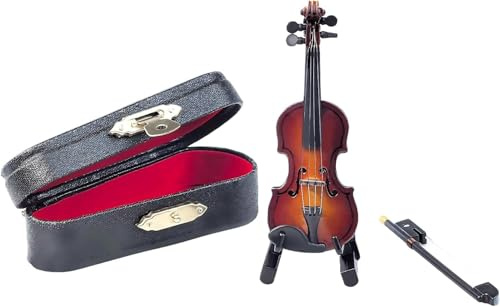 Violon miniature en bois avec support, mini archet et étui instrument de musique de maison poupée miniature, mini modèle de violon pour décoration de maison bureau anniversaire Noël (8 x 3 x 1,5 cm)