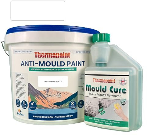 Kingfisher Thermapaint Anti Mould Paint with Active Fungicide 5L | Mould & Moisture Resistant Emulsion Wall Paint for Kitchens, Bathrooms & More | Waterproof & Washable | Brilliant White