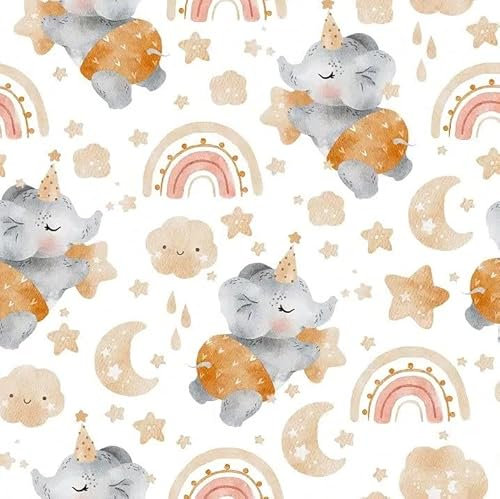 Kindertapete Elefant in Sternen, Regenbogen und Mond Muster, Pastell Farben, Skandinavischer Stil