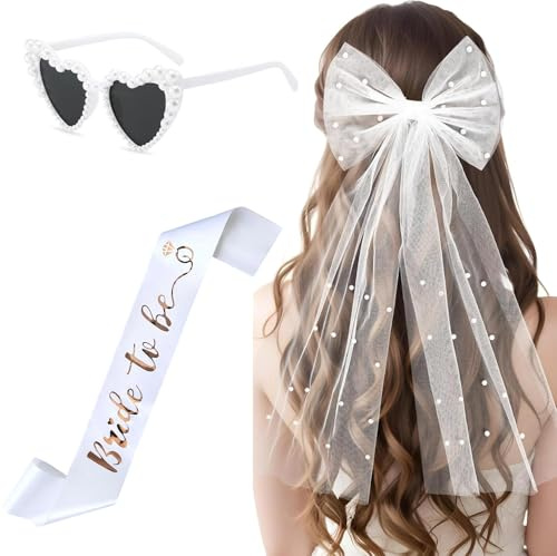 EVJF Accessoire Drole, Bride to Be Accessoires Echarpe Evjf Voile de Mariée Lunettes Coeur avec Perles Décoration pour Future Mariée Blanche, Accessoires pour Enterrement de Vie de Jeune Fille