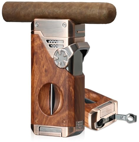 Joyoldelf Briquet torche à quatre flammes – Briquet jet butane rechargeable coupe-vent avec cutter, poinçon et fenêtre de carburant (sans butane) – Cadeau de qualité supérieure pour homme, fumage en