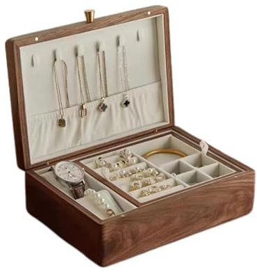 Bescott 2 Layer Solid Black Walnut Wooden Jewelry Box for Women Wood Vintage Organizer for Men Earrings Rings Necklaces Bracelet Watch Storage Mother's Day Gift