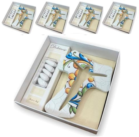 Regalami.Shop Set 4 Croci Tau in Marmo di Carrara cm 14 con fregi a Rilievo e Stampa Completo di Scatola, bigliettino e portaconfetti in Pet Trasparente. Bomboniera Made in Italy. (4, Croce)