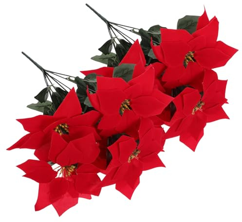 Healifty Lot de 2 Fleurs Artificielles Réalistes de Poinsettia Rouge Vif, 7 Têtes et 21 Feuilles, en Soie, Décoration Intérieure et Extérieure, Plante Ornementale pour Salon et Bureau