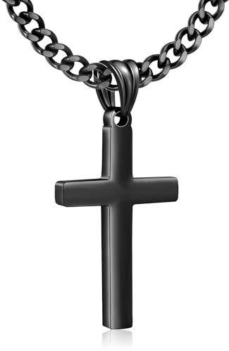 ESPVO Black Cross Necklaces for Men Boys Him Mens Cross Pendant Necklace Men's Stainless Steel Cuban Link Chain Crucifix Christian Confirmation Baptism Jewelry Gifts Teens Son Nephew Brother 24in