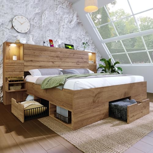Cama con almacenamiento de madera de 160 x 200 cm, lámpara LED e interfaz USB, cama de matrimonio con cajones en la parte inferior, con mesita de noche flotante, color roble (colchón no incluido)