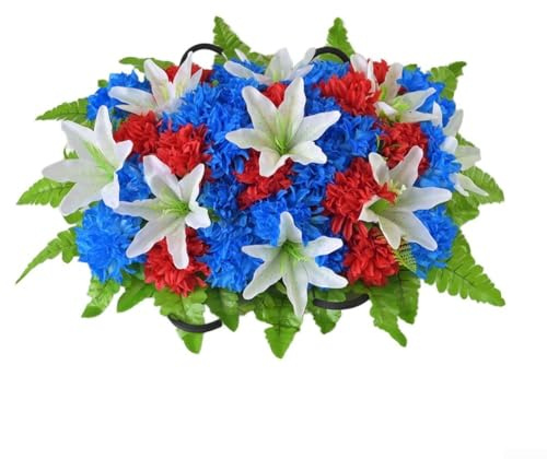 Juego de flores artificiales realistas para cementerio con base fuerte y estructura alargada para una posición estable en tumbas y marcadores (rojo + azul)