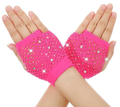 Rhinestone Fishnet Gloves Fingerless Sparkly Short Mesh Net Arm Sleeves