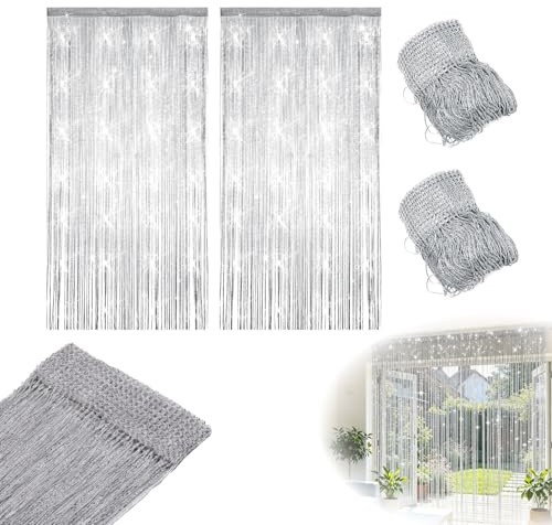 Crafthaven 2 Pack String Door Curtains, 100 x 200cm String Curtain Panel Glitter String Doorways Divider Door Screens for Living Room Bedroom Party Decorations (2, Silver)