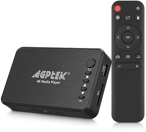 Lecteur Multimédia, 4K@30hz HDMI Lecteur Multimédia pour TV avec Sortie HDMI/AV/VGA, Media Player pour 14TB HDD/Clé USB 256G/Carte SD/H.265 MP4 avec Télécommande pour MP3 AVI RMVB MPEG etc