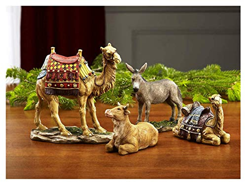 Three Kings Gifts Camels, Donkey & Ox, Polystone Flat Bottom Base for Stability, Home Decorating Christmas Nativity Scene Sets & Figures, 4-Pieces, for The 14 inch Scale Collection
