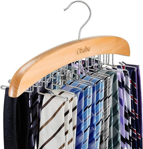 Ohuhu 24-Hook Wooden Tie Rack Organizer - Space Saving Closet Hanger with 360° Rotating Hooks, Anti-Slip Clips for Ties, Belts, Scarves - Premium Hardwood & Rustproof Steel Construction