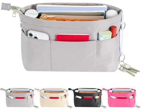 HyFanStr Handtaschen Organizer Nylon, Taschenorganizer Tasche in Tasche Organizer Innentaschen für Handtaschen mit Schlüsselkette,Grau,Mittel