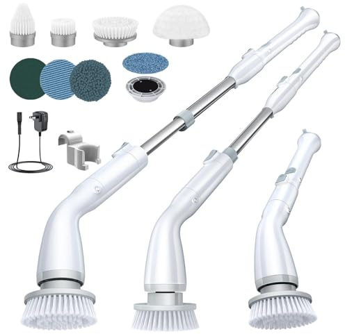 LABIGO Limpiador giratorio eléctrico LA1 Pro, limpiador giratorio inalámbrico con 4 cabezales de cepillo reemplazables y mango de extensión ajustable, cepillo de limpieza eléctrico para baño, suelo de