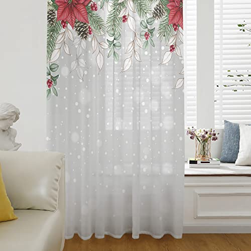 LEOSUCRE Semi Sheer Curtains 84 Inch Length, Christmas Sheers for Living Room Bedroom, Rod Pocket Kitchen Drapes, Window Voile Panel, Seasonal Xmas Poinsettia Eucalyptus Floral