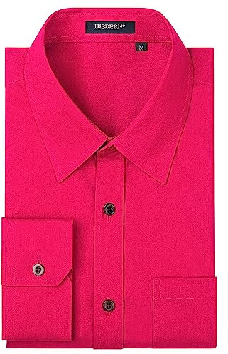 HISDERN Camisa para Hombre Manga Larga Camisas Formal Camisa Color Sólido Shirt Casual Algodón Camisas Rosas Fucsia L