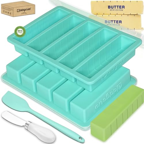 Moldes de silicona para mantequilla con tapa, bandeja de mantequilla antiadherente con cuchillo de mantequilla y espátula, marco de acero reforzado en el interior, perfecto para hacer 5 barras de