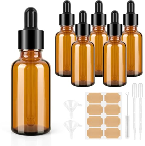 BELICOO 6PCS Glass Dropper Bottles, 30ml Pipette Dropper Bottle with Funnels Dropper Pipette Labels, Reusable Amber Glass Bottles for Perfume, Essential Oils, Aromatherapy Blends