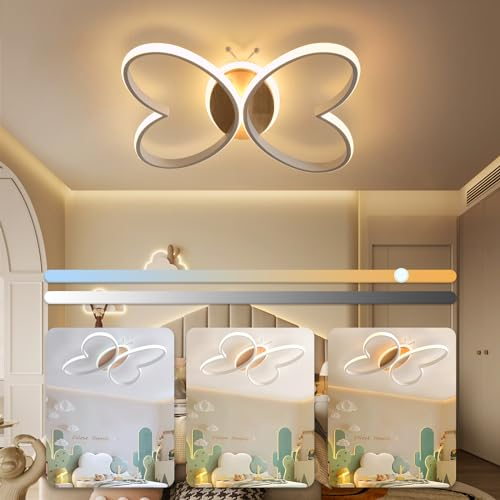 YLFXL LED Deckenleuchte Kinderzimmer 50W Kinderzimmer Lampe Decke Dimmbar, 48cm Kreative Schmetterling Deckenlampe Schlafzimmer Holz Kinderzimmerlampe für Wohnzimmer, Schlafzimmer