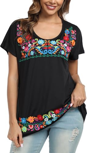 Mexican Shirts for Women Embroidered Tops Peasant Blouses Floral Traditional Summer Boho Tunic Short Sleeve Shirts (S, T305BK)