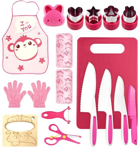 Dhnvcud Kit Couteaux Sécurité de Cuisine pour Enfants - 16 Pièces Couteau Montessori Enfants pour Couper et Cuire des Fruits ou Légumes | Couteaux Enfant qui ne Coupe pas, à Partir de 2 Ans (Rose)
