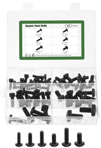 sourcing map 50Pcs Square Head Bolts, 6Sizes Black Oxide Carbon Steel Square Machine Screws, T-Bolt for Machinery Railroad Electrical Connections