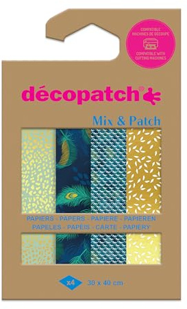 Décopatch DP041C - Une Pochette de 4 Feuilles Décopatch - Dimensions : 30 x 40 cm - Papier extra fin imprimé, Paon d'or - Mix & Patch - A partir de 5 ans, DIY, création, rénovation, activité créative