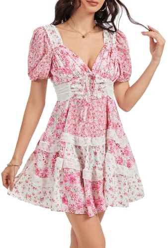hibshaby Women's Pink Floral Patchwork Dress V Neck Lace Layered Ruffle Flowy Babydoll Dress Puff Sleeve Tiered Mini Sundress