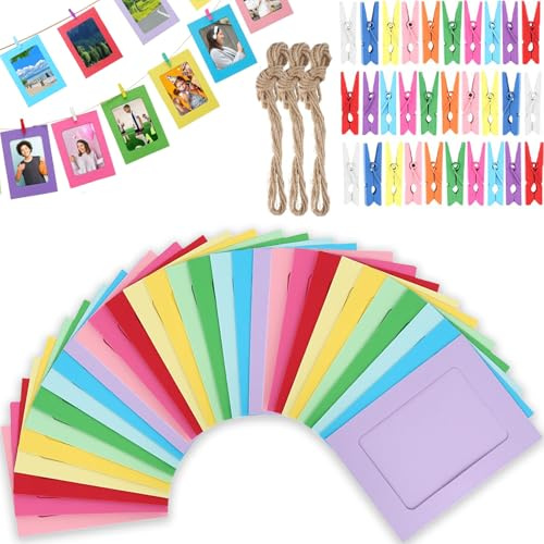 Papier Bilderrahmen, 30 Stück Bunt Papier Fotorahmen, 11,5*15,5cm, Foto Girlande Bunte mit Bilderrahmen,Clip,Hanfseil,Fotoleine mit Klammern,Fotos Aufhängen für Zuhause,Schule,Büro,Wand Dekoration