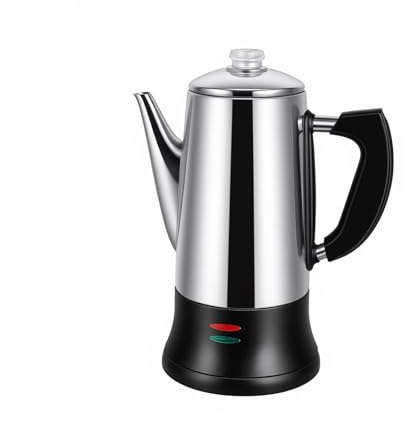 Electric coffee maker, 12-cup capacity, stainless steel construction, automatic heating with boil-dry protection, heat-resistant handle design, 360° swivel base, transparent brewing indicator.