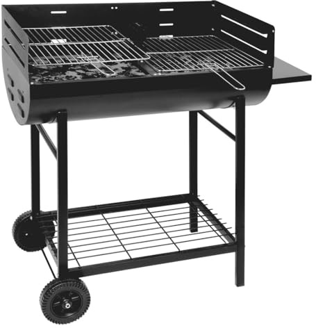 EMPOTEC 794609 Barbecue a Carbonella Rettangolare in Acciaio, 2 Griglie di Cottura, 3 Altezze, con Ruote, 96x97x38 cm per Campeggio