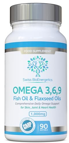 Omega Balanced 3, 6 & 9 Fish Oil 1000mg, 90 Capsules - High Strength EPA & DHA Formula derived from Fish & Flaxseed Oil with Added Vitamin E in Easy to Swallow Soft Gel Capsules