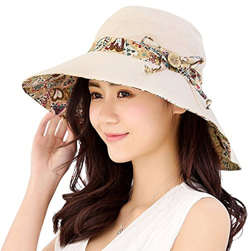 KXF Women Sun Hat UPF50+ Summer Foldable Beach Reversible Hat Outdoor Wide Brim Cap Beige