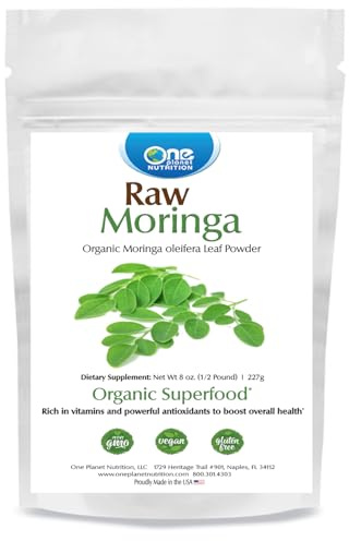 One Planet Nutrition Moringa Powder 8 oz (227 Servings), Raw Organic Moringa Leaf, Rich in Vitamins, Minerals, and Plant Proteins for Nutritional Support, Excipient-Free, Non-GMO, Vegan, Gluten-Free