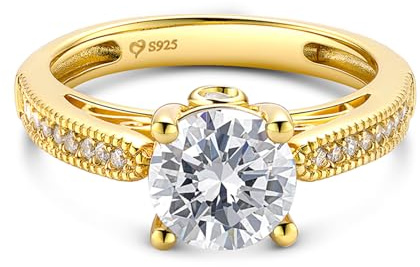 Jeulia Women's Sterling Silver Ring:Classic Round Cut Cubic Zirconia,Yellow Gold Plated Promise Engagement Solitaire Ring,Halo Diamond,Eternity Band for Wife Her With Jewellery Giftbox (Gold, L-½)