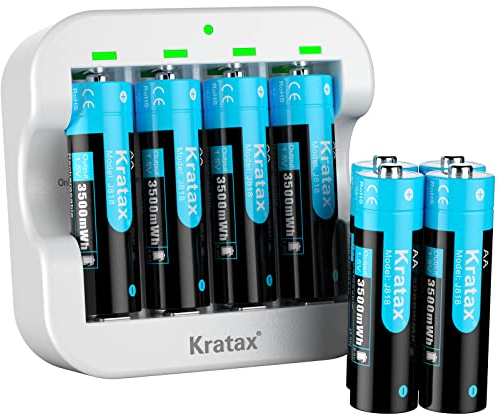 Kratax Batería recargable de litio de 1,5 V AA, 3500 mWh con 1600 ciclos y salida constante de 1,5 V, 8 pilas AA de litio con 2 horas de carga rápida tipo C cargador