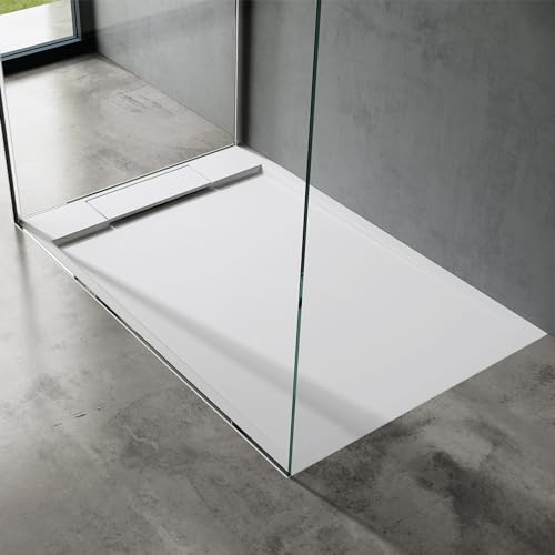 doporro Duschtasse Duschwanne 90x120x4 flach Mineralguss in Weiß DIN-Anschlüsse für bodenebene Montage geeigne inkl. Ablaufgarnitur Geoma04