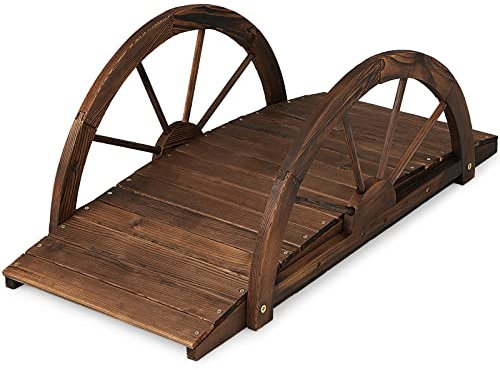 GYMAX Ponte da Giardino in Legno, con Ringhiera di Sicurezza a Forma di Ruota Finitura Tinta, da Esterno per Cortile Giardino Torrente Fattoria, 101,5 x 48,5 x 38 cm
