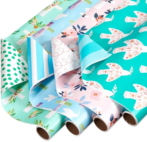 American Greetings 160 m². Wendbares religiöses Geschenkpapier-Set für Hochzeiten, Erstkommunionen und Taufen – entworfen von Kathy Davis, religiöses Kreuz, Tauben und Streifen (4 Rollen, 76,2 cm x
