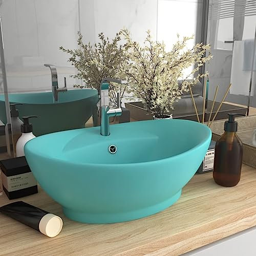 FOZICV Luxus-Waschbecken Überlauf Oval Matt Grün 58,5x39x21 cm Keramik Badmöbel Aufsatzwaschbecken mit überlauf Washbasin Aufsatzwaschtisch Spülbecken Oval Aufsatzbecken Oval Bathroom Sink