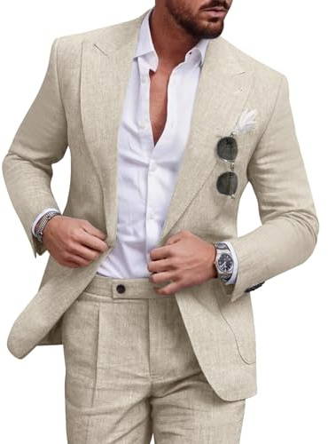Diaryan Linen Men's Suits Formal Tuxedo 2 Piece Slim Fit Beach Wedding Suit, Beige, XXL
