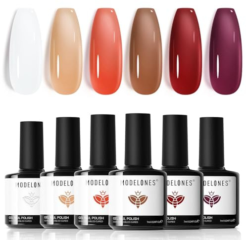 Modelones UV Nagellack 6 Farben Rot Braun Nude Milky Weiß Jelly Gel Nagellack UV Nageldesign Sets Soak Off Gel Polish für Maniküre Nageldesign Herbst
