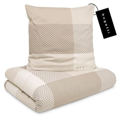 bugatti 2in1 Bettwäsche 155x220 cm - 100% Baumwolle Satin-Flanell Kombibettwäsche, Reißverschluss, anschmiegsam, weich & waschbar, Bettbezug beige Karo