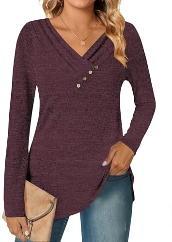 DUOEASE Camicia A Maniche Lunghe da Donna Maglietta Elegante Autunno Invernali Casual Maglione(Rosso Vino,M)